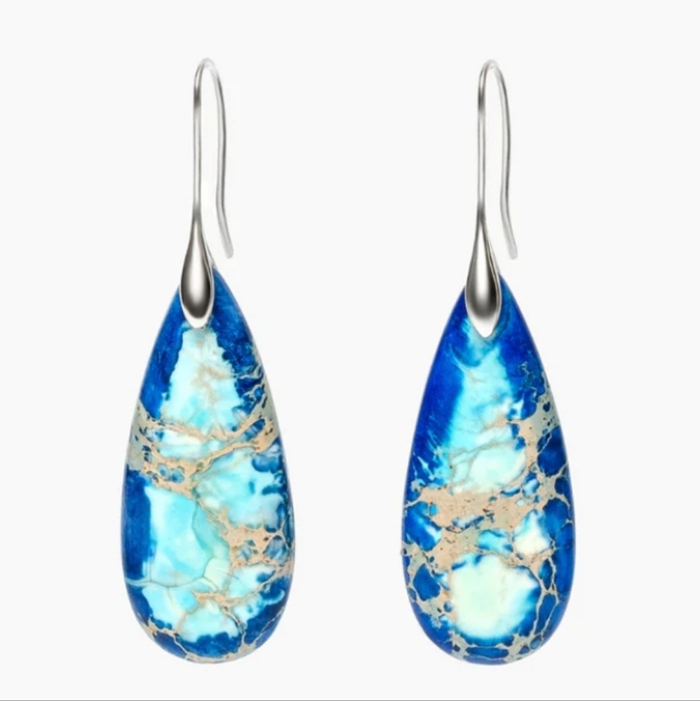 Beautiful Natural Stone ( Jasper )Drop Earrings With 925 Silver Plated Ear Hook. - Picture 4 of 5